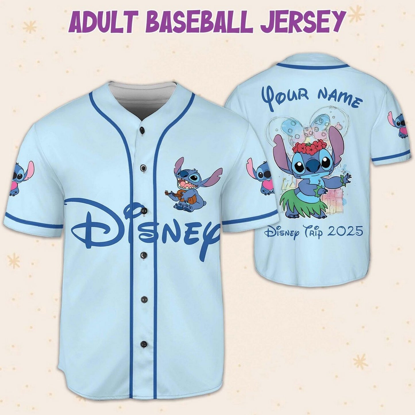 Custom Name Cute Disney Trip 2025 Stitch Light Blue Baseball Jersey