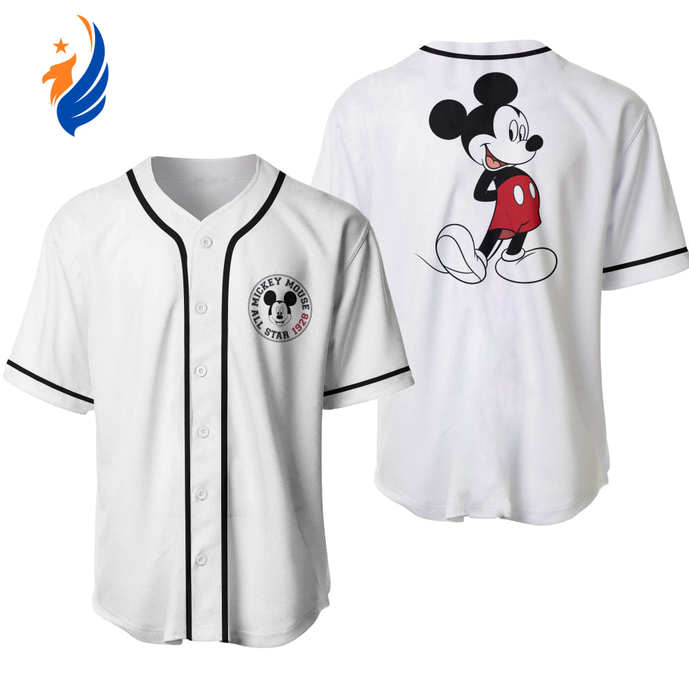 Disney Mickey Mouse Graphic All Star 1928 White Jersey Shirt - Authentic Disney Baseball Jersey - Bafud