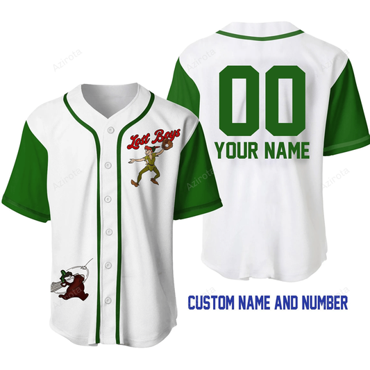 Peter Pan Lost Boys White Green Disney Unisex Cartoon Graphic Casual Outfits Custom Personalized Baseball Jersey