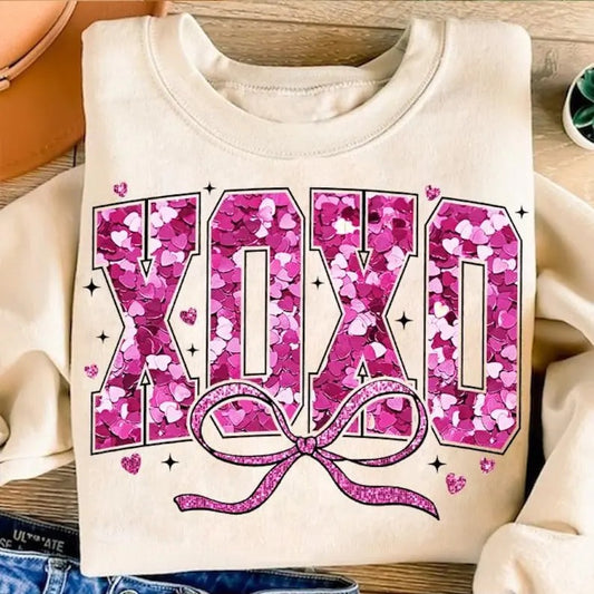 Valentine XOXO Coquette Sparkly Glitter Shirt/sweatshirt/hoodie, Valentines Day Shirt, Valentines Day sweatshirt, Xoxo hoodie, Pink Faux Sequins Valentines sweatshirt