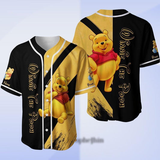 Winnie the Pooh Yellow Black Baseball Jersey, Custom Cartoon Jersey for Men Women, Classic Pooh Shirt Gift, Vintage Retro Pooh Shirt