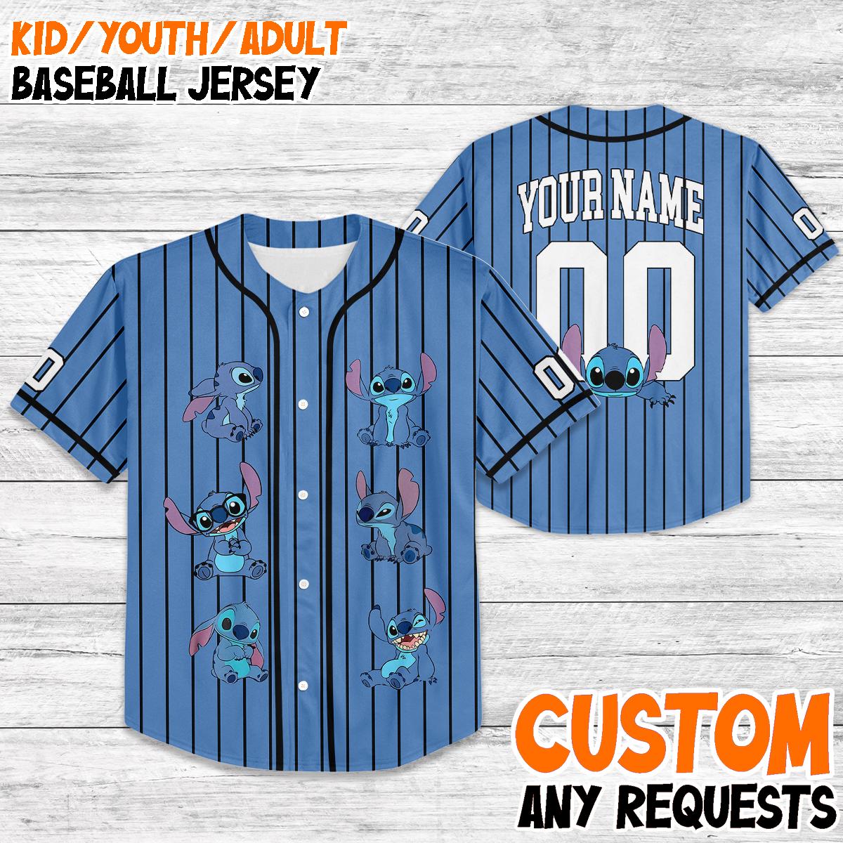 Custom Stitch Baseball Jersey, Kids Youth Adult Matching Outfit, Disney Trip 2025 Shirt, Personalized Lilo & Stitch Jersey