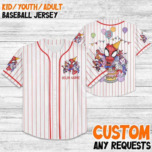 Custom Spider-Man Birthday Baseball Jersey, Kid Party Shirt, Spidey Birthday Outfit, Matching Family Disney Trip 2025 Jersey