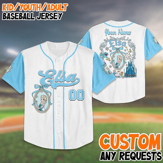 Custom Frozen Elsa Baseball Jersey, Kid Girl Birthday Gift, Disney Trip 2025 Shirt, Personalized Jersey, Matching Family Outfit