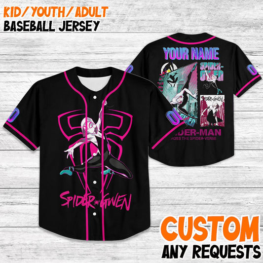 Custom Spider-Gwen Baseball Jersey, Kids Youth Adult Matching Outfit, Disney Trip 2025 Shirt, Personalized Spider-Verse Jersey
