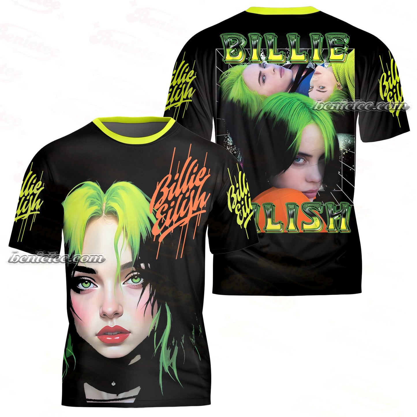 Bill!e Eil!sh Tee 3D with Neon Green Hair, Music Fan Art Tee, Pop Star Graphic Shirt, Gift for Bill!e Fans, Bold Music Shirt 3D