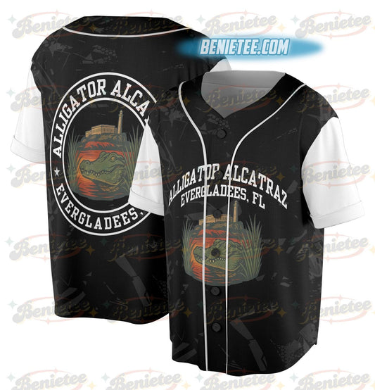 Alligator Alcatraz Basebal Jersey, Funny Animal Graphic Tee, Tropical Island, San Francisco Landmark