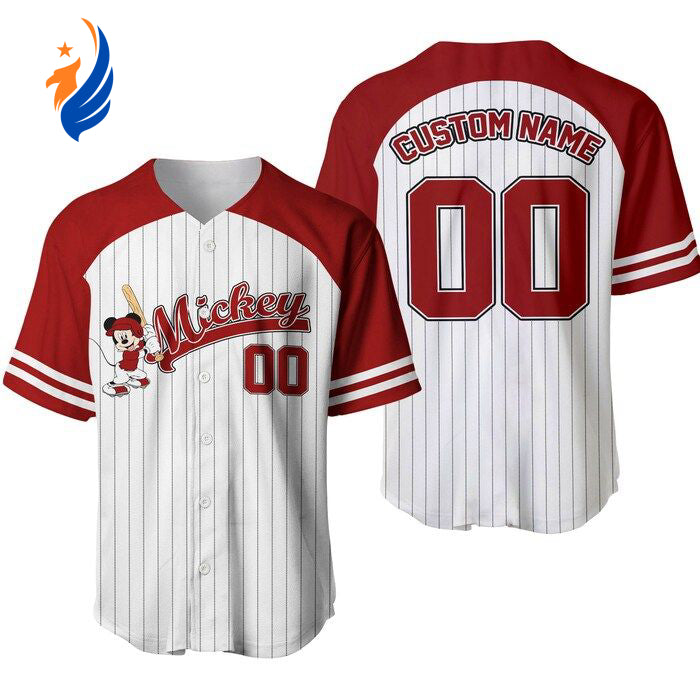 Disney Mickey Mouse Custom Striped Baseball Jersey - White Red Cartoon Graphic Outfit Unisex Casual Wear - Bafud