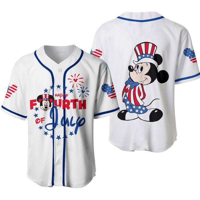 Mickey Mouse 4th Of July Baseball Jersey: White Blue Disney Cartoon Graphics - Custom Unisex Casual Outfit - Bafud