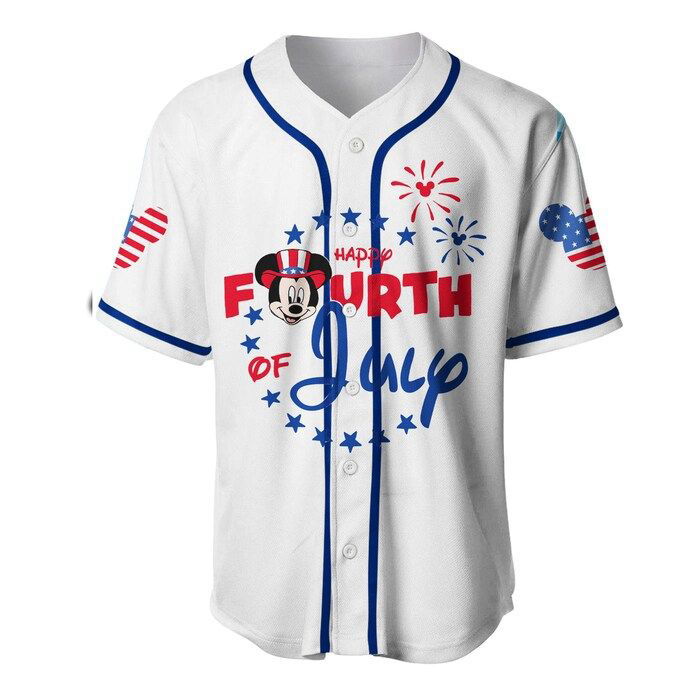 Mickey Mouse Happy 4th Of July White Blue Disney Unisex Cartoon Graphics Casual Outfits Custom Baseball Jersey Gifts for Fans - lylyprint.com