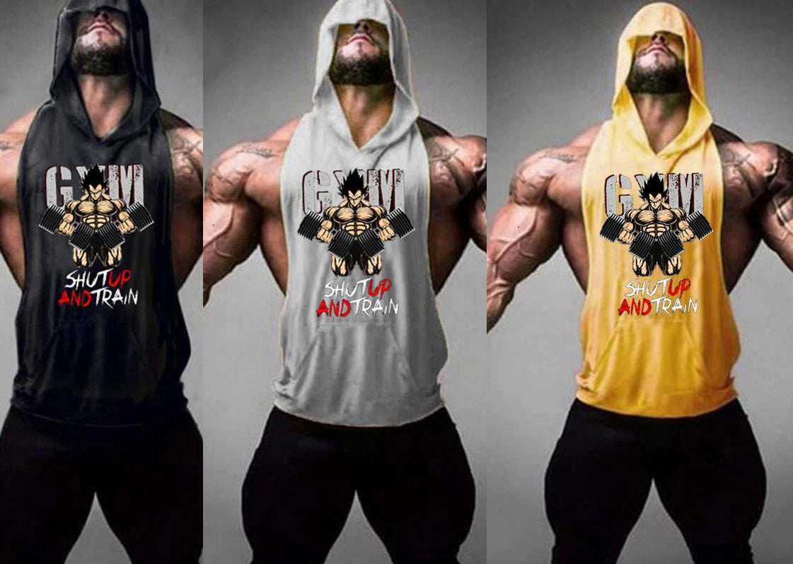 Men's Workout Hooded Tank Tops Bodybuilding Muscle T Shirt Sleeveless Gym Hoodie