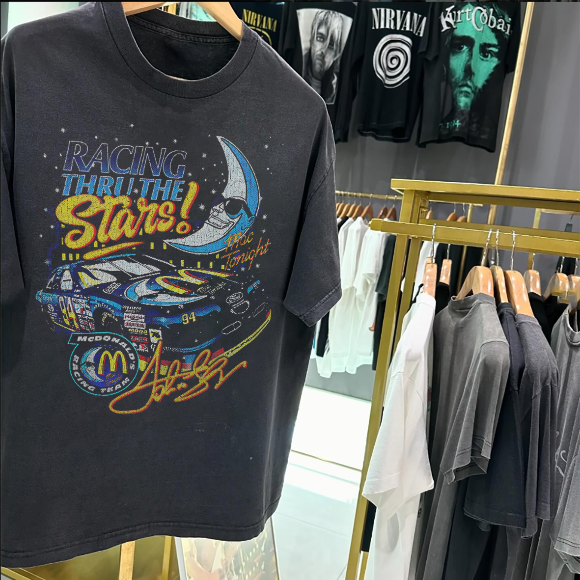 MCD0NALD'S RACING THRU THE STARS - 80'S-90'S RARE BLACK VINTAGE WASHED T-SHIRT