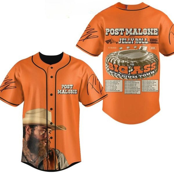 Stadium Tour Post Malone x Jelly Roll Orange Baseball Jersey