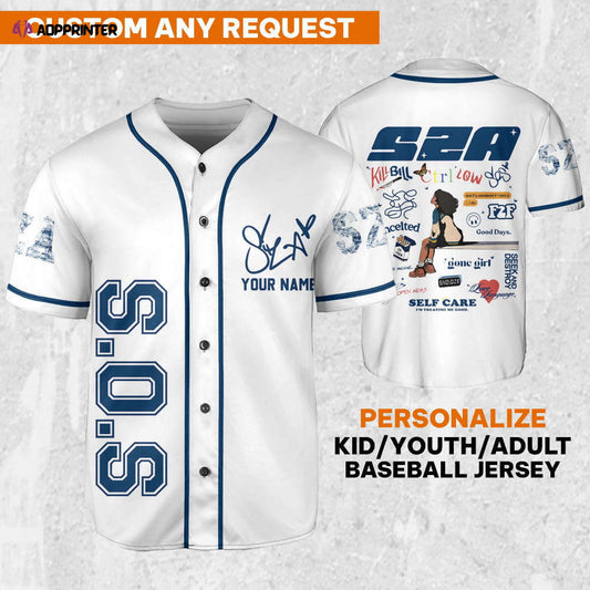 SZA SOS White and Blue Jersey: Personalized Baseball Merch for Sos Tour 2023 - Aopprinter