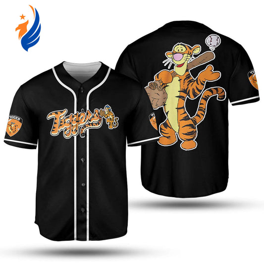Tigger Winnie Pooh Baseball Player Unisex Baseball Jersey - Disney Cartoon Graphics All Over Print - Black Shirt - Bafud