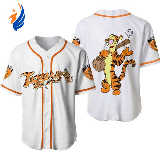 Tigger Winnie Pooh Disney Unisex Baseball Jersey - White Orange Cartoon Graphic Casual Outfits Customizable - Bafud