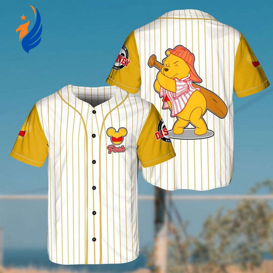 Winnie the Pooh Disney Cartoon All Over Print Baseball Jersey - Catcher Design Pinstripe Graphic - Bafud
