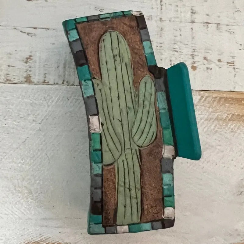 zzTurquoise Cactus Tooled Claw Clip